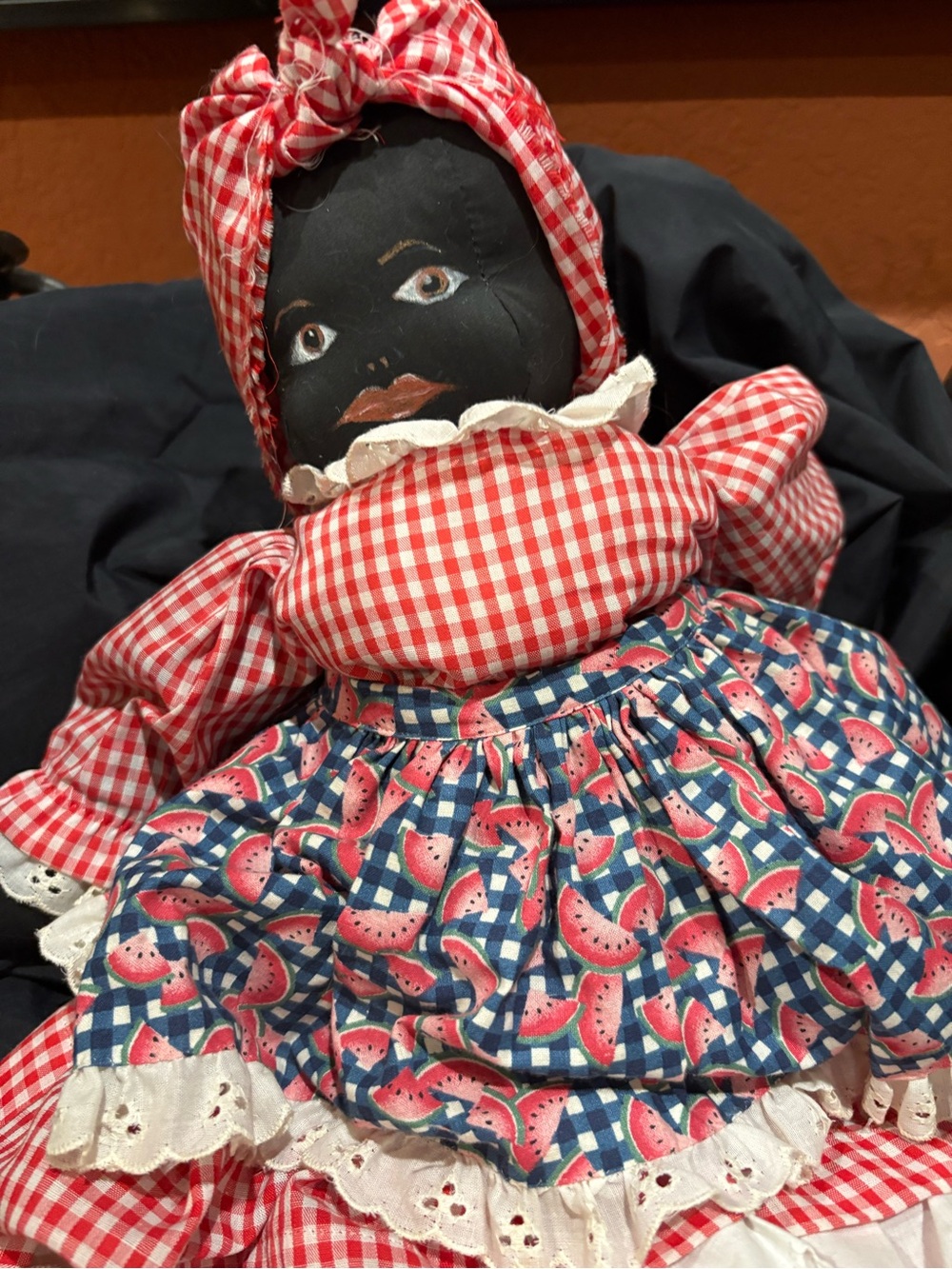 Source Unknown Red Gingham and Blue Watermelon Print Cloth Doll